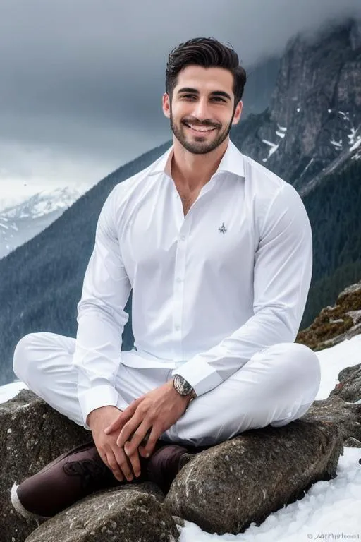 Prompt: a scene of "hyperreal face", "meditating", lost in god,"parsi hyperreal handsome rugged boy" in "hyperreal stormy snow mountain", smile, white kameez, detailed, hyperreal, sitting, arena, perfect composition, hyperrealistic, super detailed, 8k, high quality, trending art, trending on artstation, sharp focus, studio photo, intricate details, highly detailed, by greg rutkowski
