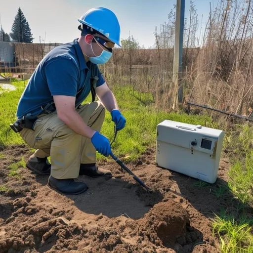 Prompt: Show an image of a technician wearing appropriate safety gear (such as a hard hat and safety vest) conducting a measurement of soil resistivity. They could be using a ground resistance tester or other testing equipment. Ensure that the surroundings are well-lit, highlighting the professional nature of the maintenance task.