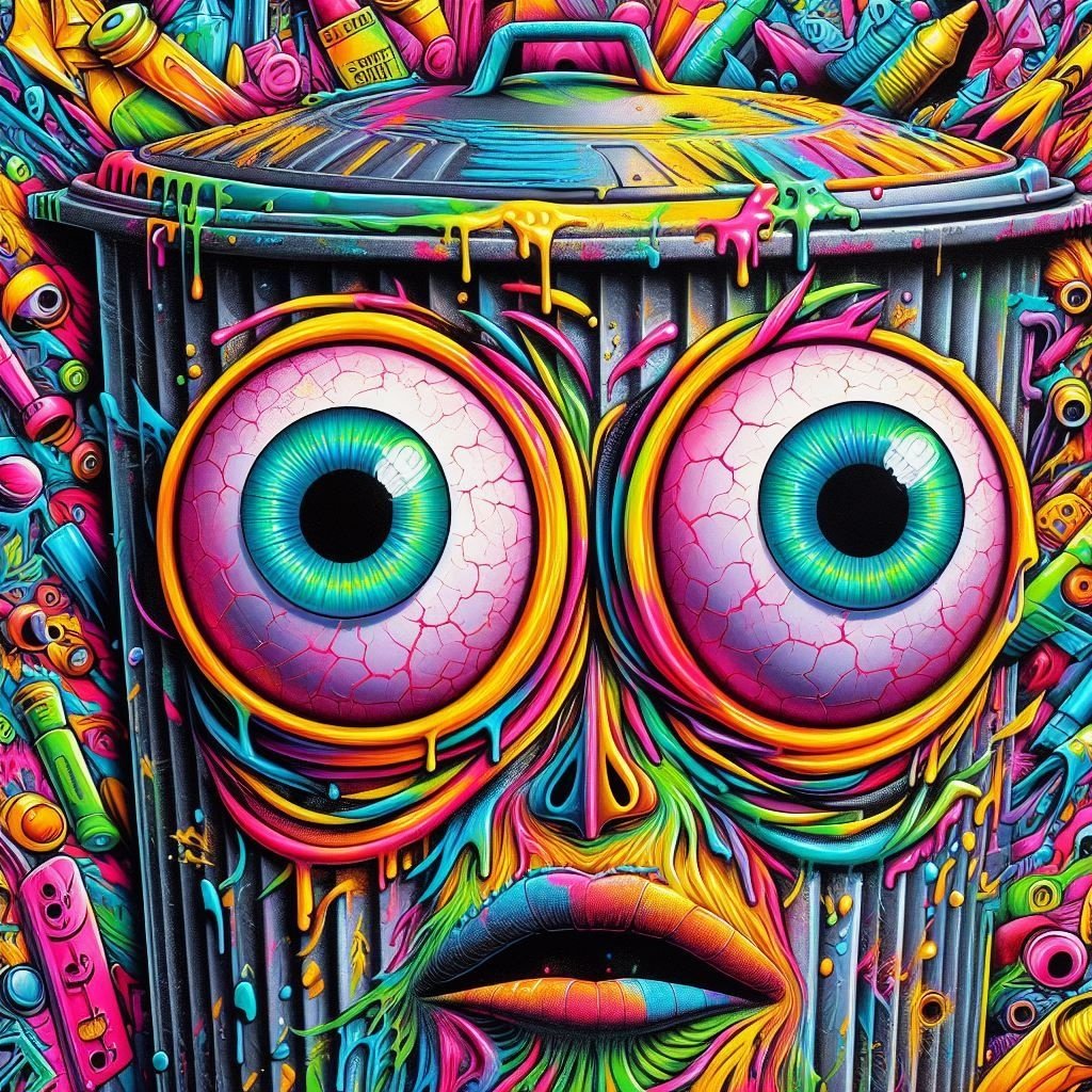 Prompt: a psychedelic art piece with bright colors and eyes, in the style of garbage pail kids, industrial paintings, detailed perfection, playful caricature, punctured canvases, neo-op