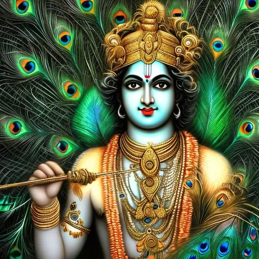 Prompt: create lord krishna image with full of peacock feathers photo realistic hd image 