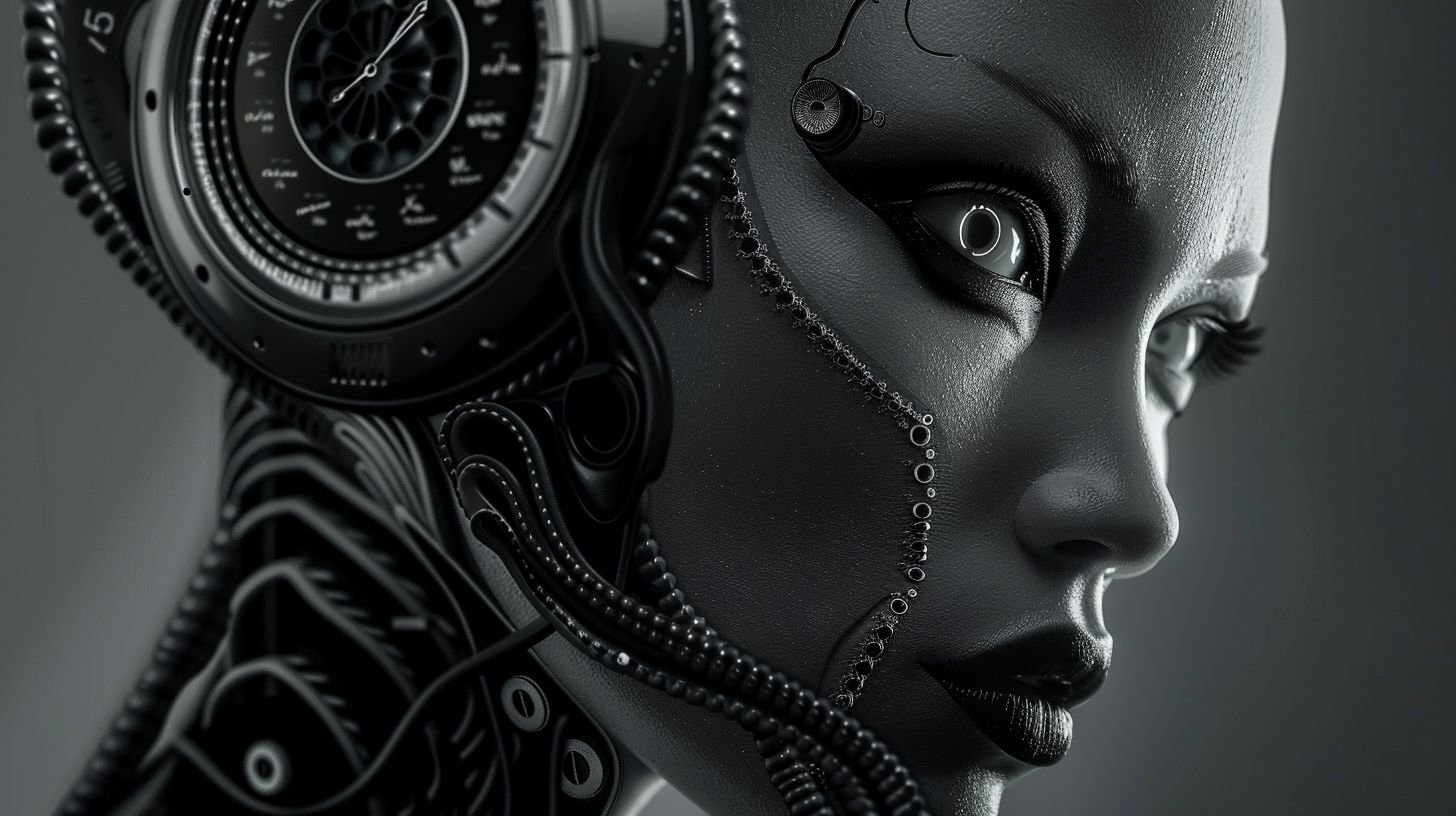 Prompt: london artist hsinalu scifi clock, in the style of fashion photography, dark silver and silver, canon eos 5d mark iv, body art, aggressive digital illustration, blink-and-you-miss-it detail, back button focus