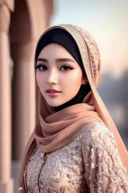 Prompt: Beautiful and sweet girl, hyper detailed perfect face, beautiful kpop idol, full body, long legs, perfect body, high-resolution perfect face, perfect proportions, intricate hyperdetailed hair, no makeup, wear hijab outfit, peach lipstick, mosque background, highly detailed, intricate hyperdetailed shining eyes, ethereal, graceful, HDR, UHD, high res, 64k, cinematic lighting, special effects, 