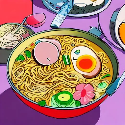 Prompt: Anime cartoon ramen cute