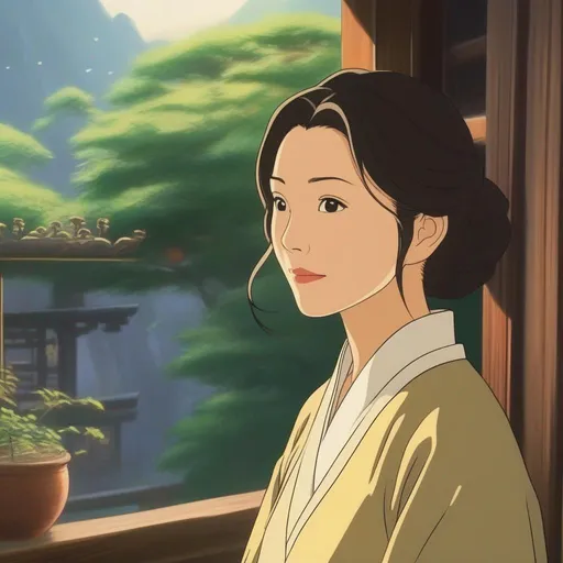 Prompt: traditional ghibli movie starring ming-na wen, consistent lighting and mood throughout