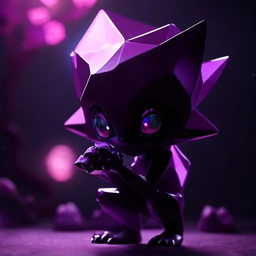 Prompt: Small purple humanoid figure, long pointy ears, large hexagon shaped gems for eyes, a large mouth with small pointy teeth, three fingers on each hand and three toes on each foot, short limbs, crouched stance, purples and blues, dim lighting, cave, spooky, goblin like, dark, smooth skin, crystals, genderless, clear image