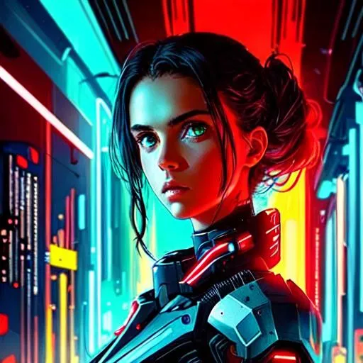 Prompt: low-angle, mid-body portrait of Cyberpunk Girl, Beautiful Italian Girl, Mediterranean girl, symmetrical face, green eyes,, perfect face, apocalypt city, red and blue lighting, neon ambiance, abstract black oil, gear mecha, detailed acrylic, grunge, intricate complexity, rendered in unreal engine, photorealistic