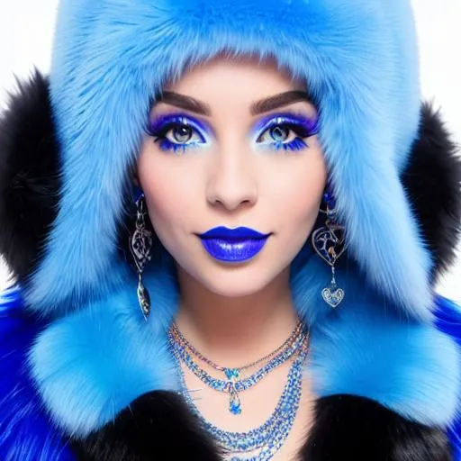 Prompt: afro-latina, blue lipstick, snowy beach, blue heart necklaces, Thick blue fur coat, pleasant face, blue eyes, Black-purple eyeshadow, long ice earrings. Cold color scheme, ultradetailed, 8k resolution, perfect, smooth, high quality, shiny. 