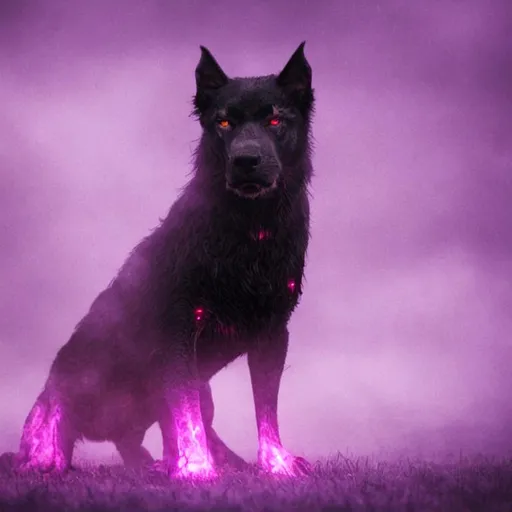 Prompt: hellhound with glowing eyes in a purple mist
