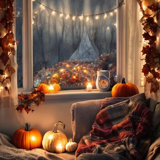 Prompt: cozy, watercolor, fall, reading corner, fairy lights, pumpkin, book, coffee mug, plaid, sleeping cat