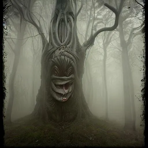 Prompt: Giger Alien in fog forest