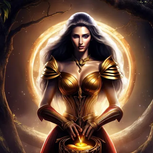 Prompt: HD 4k 3D 8k professional modeling photo hyper realistic beautiful evil demon woman ethereal greek goddess of strife
straight white hair hazel eyes gorgeous face fair skin beautiful dark gown holding a golden apple full body surrounded by magical glowing light hd landscape background standing under a large tree 