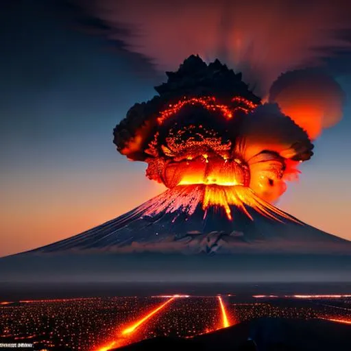 Prompt: Mt fuji, japan, an explosive, violent volcanic  eruption at dawn, pyroclastic flows, molten lava, insanely detailed, insanely realistic, insane details,  and art by  unreal engine 5, Detailed Render eye candy Breathtaking 8k Greg Rutkowski Artgerm WLOP Alphonse Mucha dynamic lighting hyperdetailed intricately detailed Splash art Artstation triadic colours volumetric lighting, unreal engine 5, insane detail, ultra-realistic, frostbite 3 engine, CryEngine, 