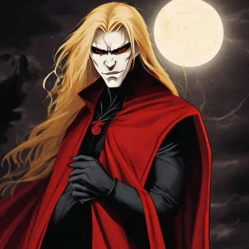 Prompt: a vampire with  a red cape and long blonde hair with a red orb in his hand
