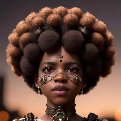 Prompt: 8K UHD, steampunk afro girl, foto realistic, wonderful perfect eyes, very detailed,  fractal ornaments, old technic very detailed, clear, warm cinematic lighting, perfect contrast,

