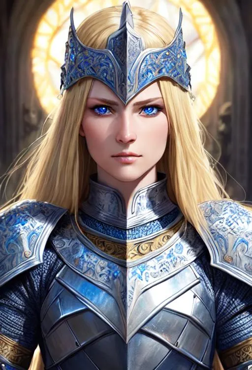 Prompt: Gorgeous women as a knight, detailed face, wearing fancy armor, blonde, blue eyes, mythical, elegant, hyperrealism, highly detailed, intricate detailed, volumetric lighting, 4K, HD.