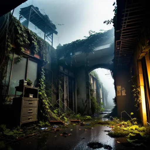 Prompt: overgrown laboratory with knight guards, at night, very dark, in post apocalyptic overgrown makeshift worn city wasteland,  leaves overgrowing buildings, debris, decay,  vines and roots, dark, rainy, fog, urban wasteland, apocalyptic, gloom, 