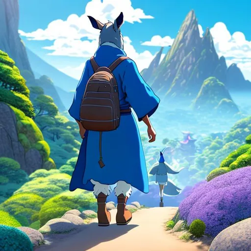 Prompt: Third-person, full body of character in view, standing, An anthropomorphic donkey dressed in bright blue wizard robes, walking on path, mountain in the background, by Studio Ghibli,