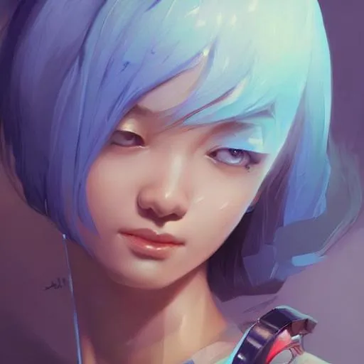 Prompt: cute asian girl, slim body, short 
blue hair, portrait, 8k resolution concept art portrait by Greg Rutkowski, Artgerm, WLOP, Alphonse Mucha dynamic lighting hyperdetailed intricately detailed Splash art trending on Artstation triadic colors Unreal Engine 5 volumetric lighting