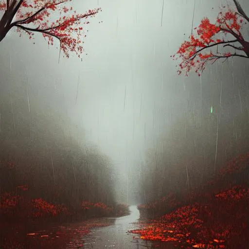 Prompt: Rainy landscape half spring and half autumn, creepy, digital illustration, sharp