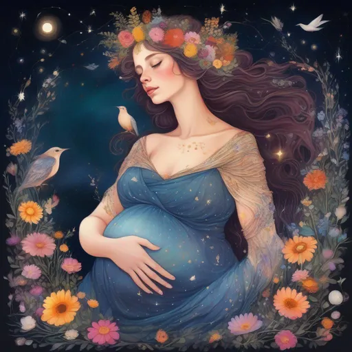 Prompt: A colourful and beautiful Persephone, with scales for skin, antlers and gems in her hair. She is pregnant and lovingly cradling her belly. In a beautiful flowing dress made of wildflowers. Surrounded by birds. Framed by a nighttime sky of clouds, stars and constellations. in a painted style
