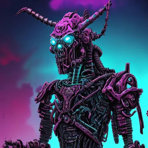Prompt: Synthwave draugr. Viking robot undead warrior. Cybernetic Zombie Fighter.