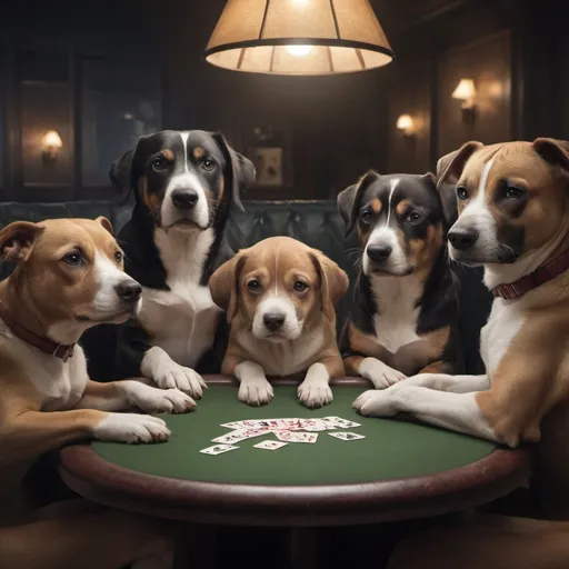 Prompt: Picture of only  5 dogs each different breed with serous poker faces playing lover in dark night bar