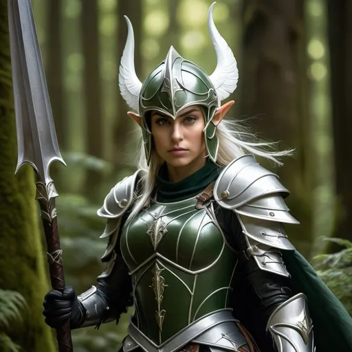 Prompt: Full body view, Full helmet wearing teenage girl high elf paladin with beautiful face, head covered entirely by full helmet, tight fitting green plate armor, full helmet with covered face and white horsehair plume, wielding a two handed long bladed spear, highres, detailed, dramatic pose, fantasy, dark fantasy, dramatic lighting, mossy forest, Fae details, intense gaze, professional rendering