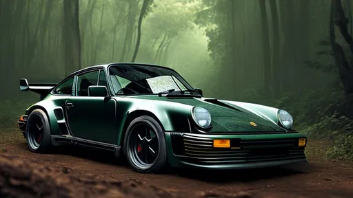 Prompt: a dark forest green Porsche 930 Turbo in a dark jungle, photo and light from the front, drawing style