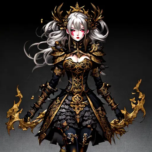 Prompt: highly detailed UHD ( Full Body View) anime goddess wearing Nordic fused with Victorian armor black and gold color pallet with Cell Shade.