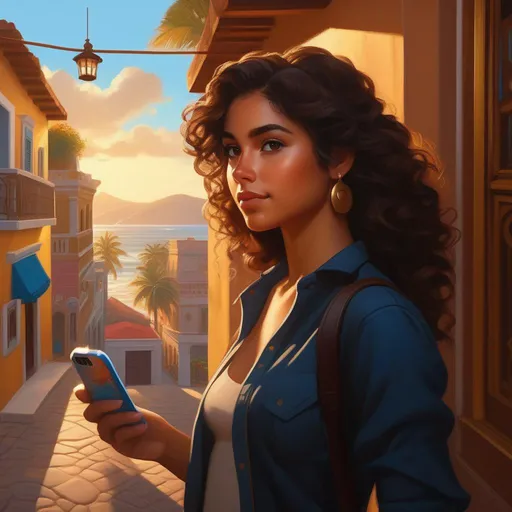Prompt: Third person, gameplay, Puerto Rican girl, tan skin, curly brown hair, brown eyes, 2020s, smartphone, San Juan, golden atmosphere, cartoony style, extremely detailed painting by Greg Rutkowski and by Henry Justice Ford and by Steve Henderson 