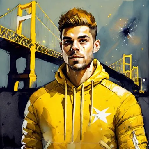 Prompt: a shooting star in the sky, yellow bridge in background, caucasian male