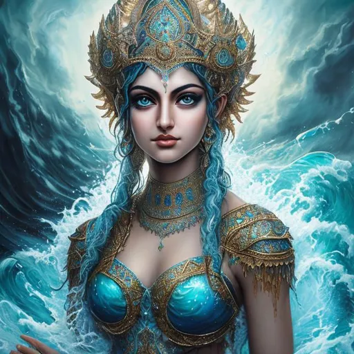 Prompt: High-resolution hyper realistic painting of {iranian water goddess} [anahita] , uhd, hdr, 64k, epic scene, crown, upper body, sharp edges, ocean wave armor, river hair, blue eyes