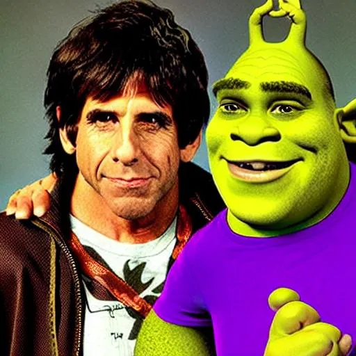 Prompt: Cool Shrek and Ben Stiller start an epic rock band 70s groovy