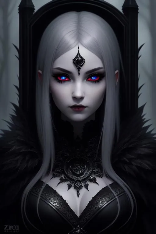 Prompt: dark fantasy theme, mystical, zoomed, Dark theme, underworld theme, deviant art masterpiece, a pale girl on a dark throne, crimson eyes, grey hair, dark dress, dark tattoos, colour grading, dark illustration, extreme quality, extremely detailed, ultra-detailed face, ultra hd 8k, dark lightning, concept art portrait by Greg Rutkowski, artgerm, hyperdetailed, intricately detailed gothic art, triadic colours, fantastical, intricate detail, splash screen, complementary colours, fantasy concept art, 8k resolution, oil painting, heavy strokes, soft lighting, film photography, analogue photography, film grain, Anna Dittmann, hyperrealism, oil dripping