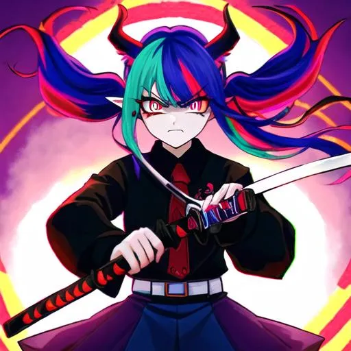 Prompt: Haley  as a demon (multi-color hair) (multi-color eyes)(she has horse ears) holding a katana, fighting, in a gunfight, bullets flying, fighting in a rural area, angry, (demon tail), (demon wings), lunging at the center, flying in the air