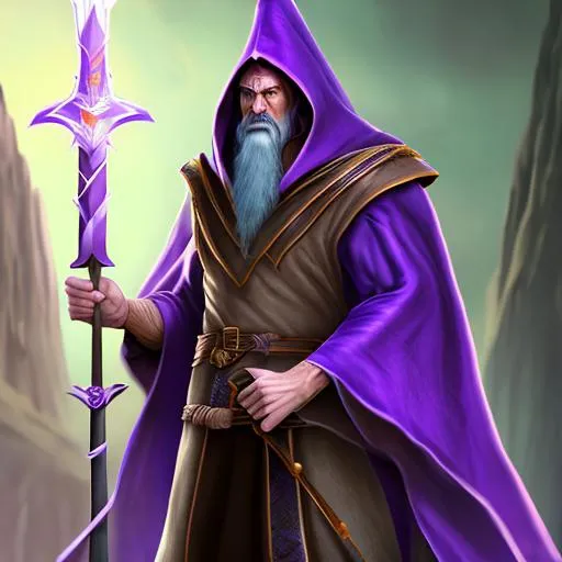 Prompt: Tall Man, very muscular and strong, wearing a purple wizard cloak, is holding a magical staff and sword, ,Portrait of {a wizard} with {brown} hair and with stern face, {space}, perfect composition, hyperrealistic, super detailed, 8k, high quality, trending art, trending on artstation, sharp focus, studio photo, intricate details, highly detailed, by greg rutkowski