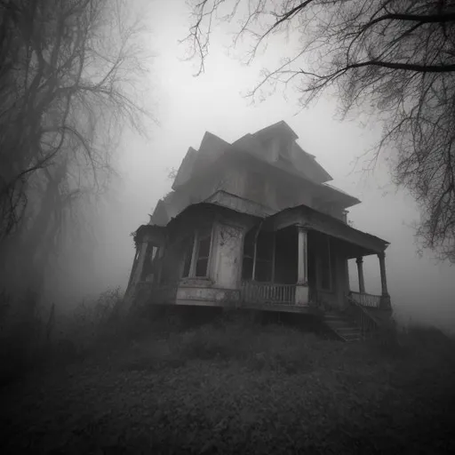 Prompt: dark foggy glade  an abandon house on a hill in the background