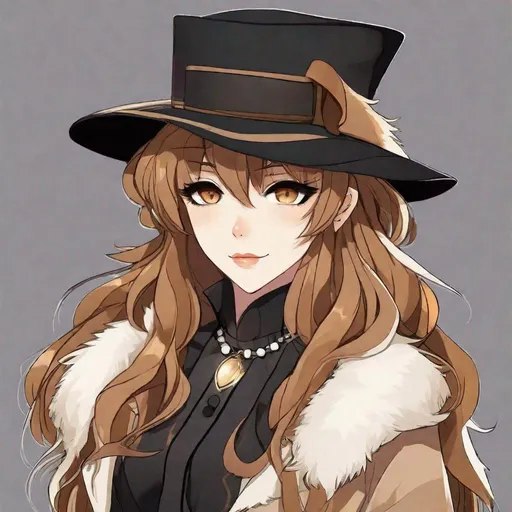 Prompt:  small-framed glamrock wolf human, with deep-set light brown eyes. They identify as female, and have a monotonous voice. As an accessory, they have a hat, and they can be seen wearing ribbons. Anime style. 