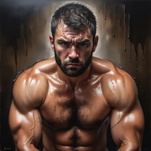 Prompt: Muscular man with oiled, dripping, hairy, glistening, high definition, hyper-realistic, oil painting, intense gaze, moody lighting, dark tones