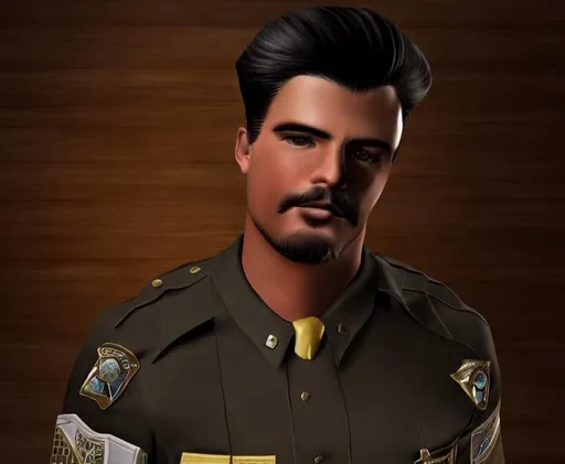 Prompt: Change background, give him sheriff uniform and keep the hair

