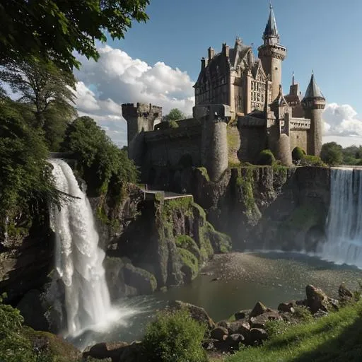 Prompt: A waterfall with a medievall castle in the background