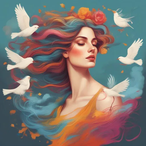 Prompt: A colourful and beautiful Persephone, with her hair being made out of clouds, with birds in flight around her in a painted style