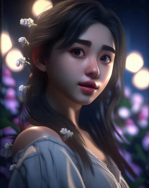 Prompt: 1girl, masterpiece, Photorealistic, best quality, high resolution, 8K , HDR, bloom, moonlight, raytracing , detailed shadows, intricate  shadow, bokeh, depth of field, film photography, film grain, glare, (action:0.8), detailed hair, beautiful face, beautiful girl, ultra detailed eyes, cinematic lighting, (hyperdetailed:1.15), indoors, by a window, on a moonlit night, full moon