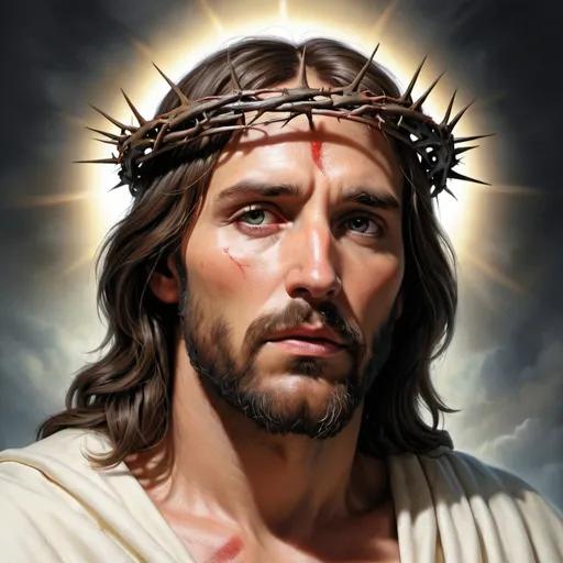 Prompt: Jesus,crucifiction,crown of thorns,savior,king,angels,power,realistic,smooth,