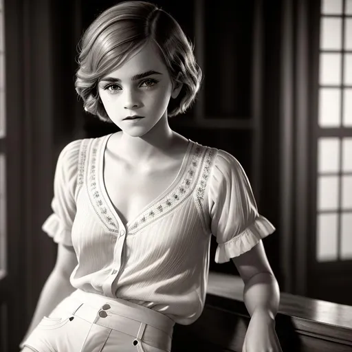 Prompt: old time photo of young emma Watson, dressed with 1920s very short hair, wearing a light white shirt and tight shorts, France, raw photo, photorealistic, High Detail, dramatic, UHD, HDR raw photo, realistic, sharp focus, 8K high definition, insanely detailed, intricate, high quality, 