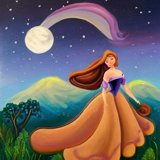 Prompt: a painting of a disney princess with brown hair on a unicorn with a moonlit backround
