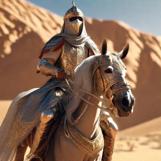 Prompt: Arabic medieval warrior on a horse, desert, blaring sun, hyper detail, 8K, octane render, majestic, hyper realism, well draw face, detailed, ornate armor, masked face. Rpg art. 2d.