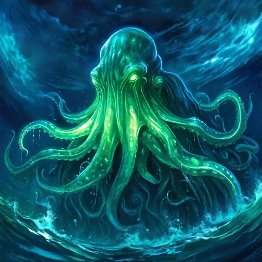 Prompt: A fantasy translucent enormous cthulu that is glowing, growling, oil pouring from its body, underneath the ocean, beneath the stars, bioluminescent, terrifying, horrifying, creepy,  highres, best quality, concept art