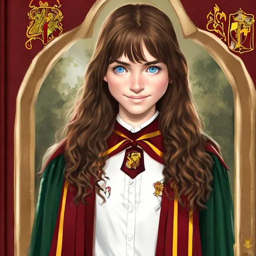 brown-haired, green-eyed woman as a Gryffindor stude... | OpenArt