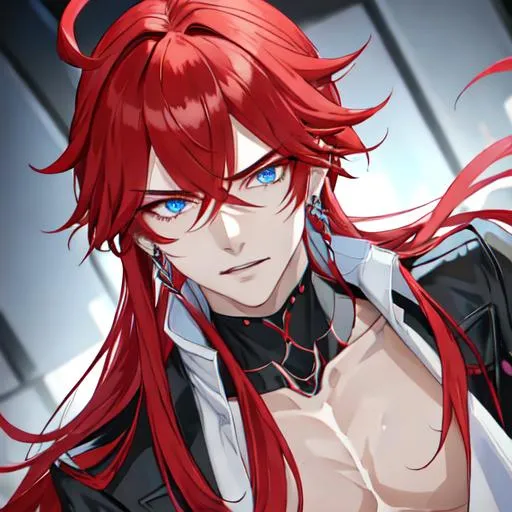 Prompt: Zerif 1male (Red side-swept hair falling between the eyes, sharp and sassy blue eyes, and a feminine body), casual outfit,  Black piercings, highly detailed face, 8K, Insane detail, best quality, UHD, handsome, flirty, muscular, Highly detailed, insane detail, high quality. 